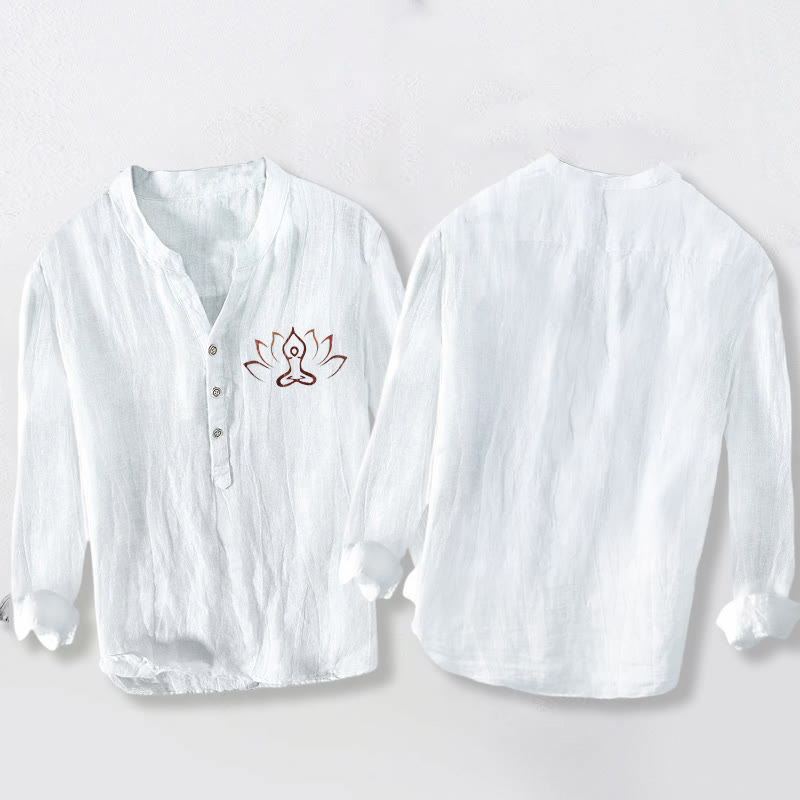 Chemise à manches longues en coton et lin pour homme, motif Buddha Stones, lotus et méditation, demi-boutons - image 8