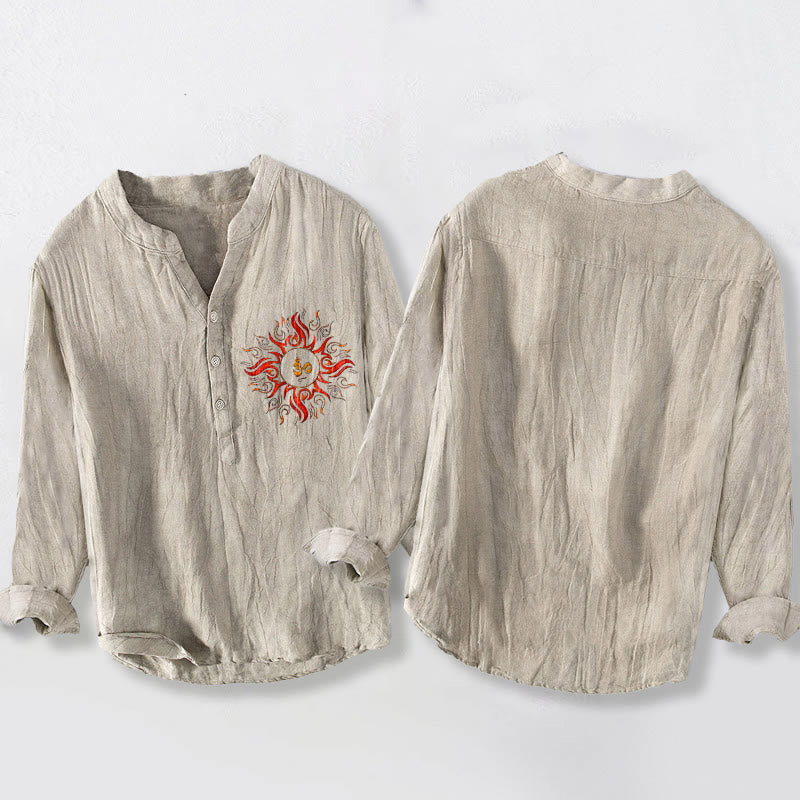 Chemise à manches longues en coton et lin pour homme, motif soleil et Buddha Stones , symbole OM, demi-boutons - image 2