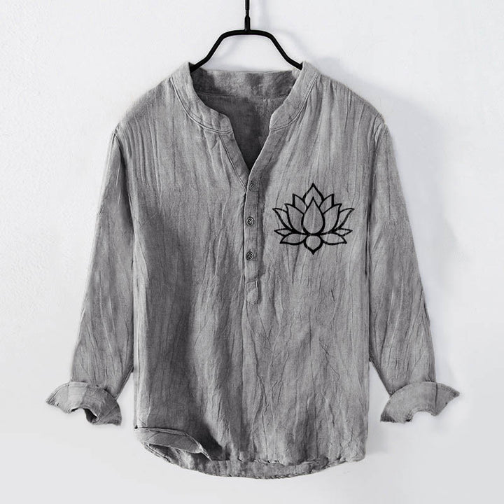 Chemise à manches longues en coton et lin pour homme, motif fleur de lotus, demi-boutons, motif Buddha Stones - Gris - US/UK/AU50，EU60 (5XL) - image 0