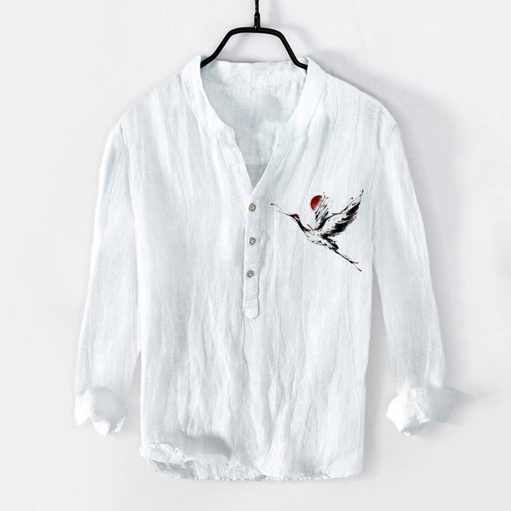 Chemise à manches longues en coton et lin pour homme, motif Buddha Stones, grue volante et soleil, demi-boutons - Blanc - États-Unis/Royaume-Uni/AU50, EU60 (5XL) - image 6