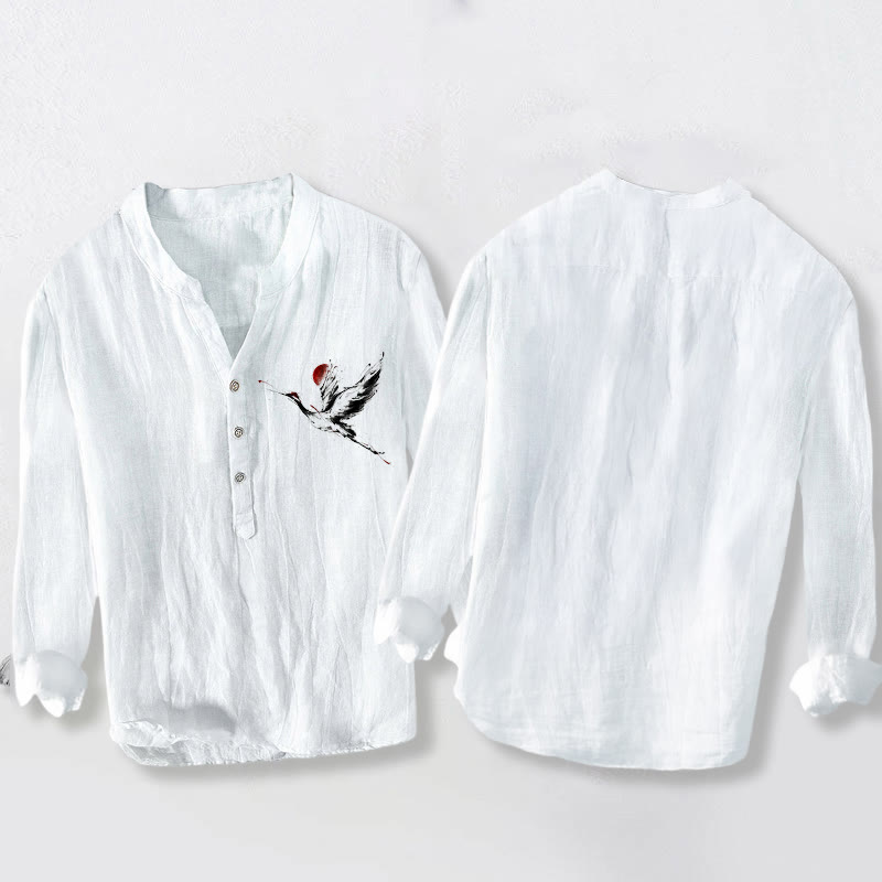 Chemise à manches longues en coton et lin pour homme, motif Buddha Stones, grue volante et soleil, demi-boutons - image 8