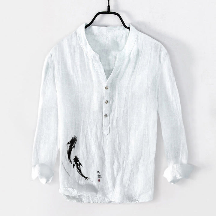 Chemise à manches longues en coton et lin pour homme, motif Buddha Stones et deux poissons koï, demi-boutons - Blanc - US/UK/AU50，EU60 (5XL) - image 6