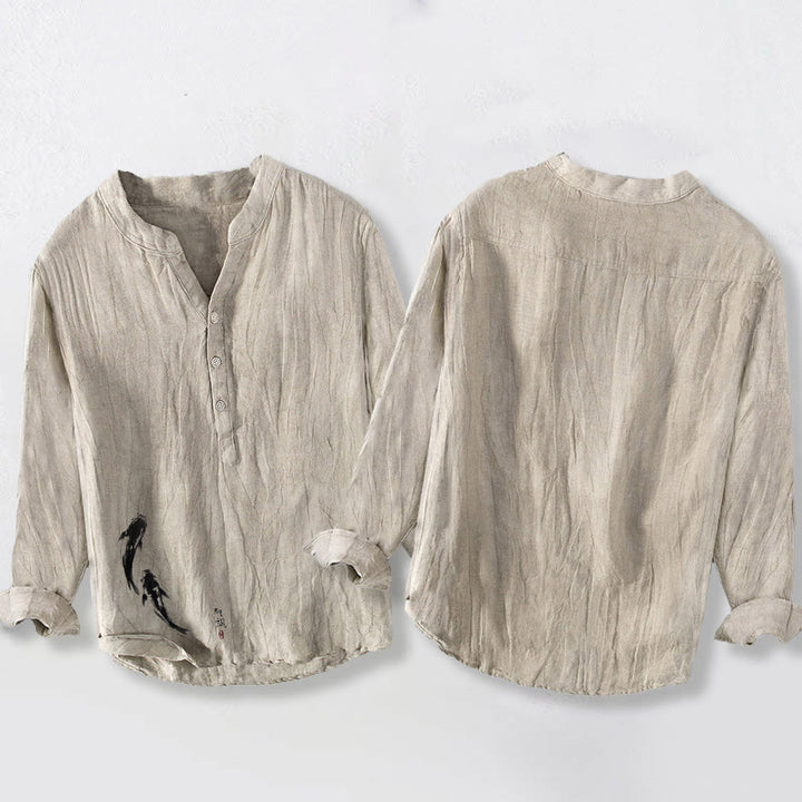 Chemise à manches longues en coton et lin pour homme, motif Buddha Stones et deux poissons koï, demi-boutons - image 2