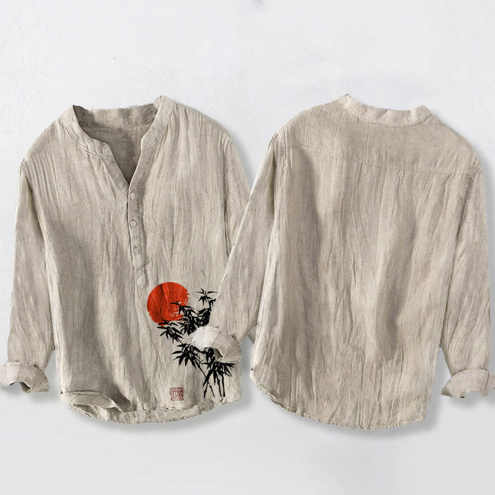 Chemise à manches longues en coton et lin pour homme, motif Buddha Stones de bambou et soleil rouge, demi-boutons - image 2