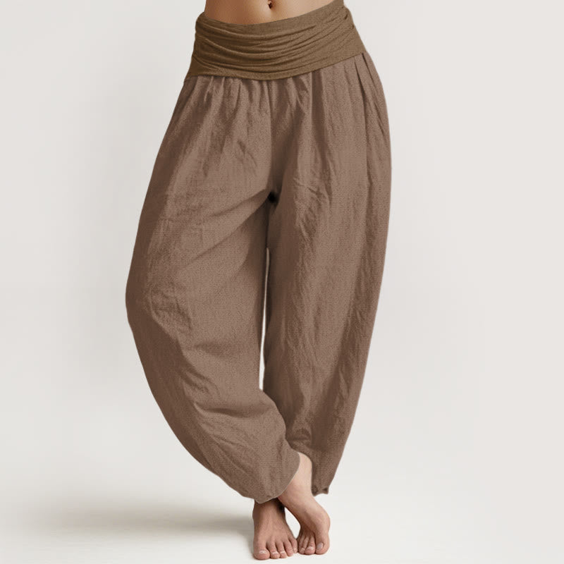 Pantalon sarouel taille élastique en pur coton uni beige Buddha Stones pour femme - Tanné - US22，UK/AU26，EU54 (6XL) - image 0