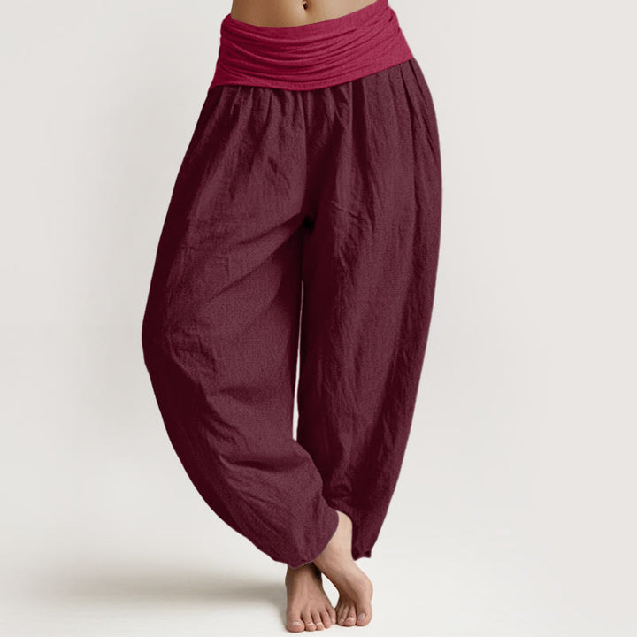 Pantalon sarouel taille élastique en pur coton uni marron Buddha Stones pour femme - Bordeaux - US16，UK/AU20，EU48 (3XL) - image 0