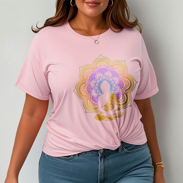 T-shirt à motif Bouddha assis multicolore avec Buddha Stones et fleurs mandala - image 15