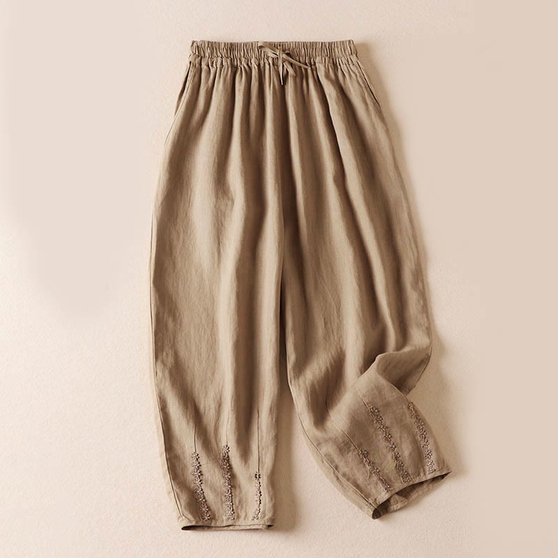 Pantalon harem d'été à petites fleurs brodées de Buddha Stones avec poches - Blé - US8-10，UK/AU12-14，EU40-42 (2XL) - image 0