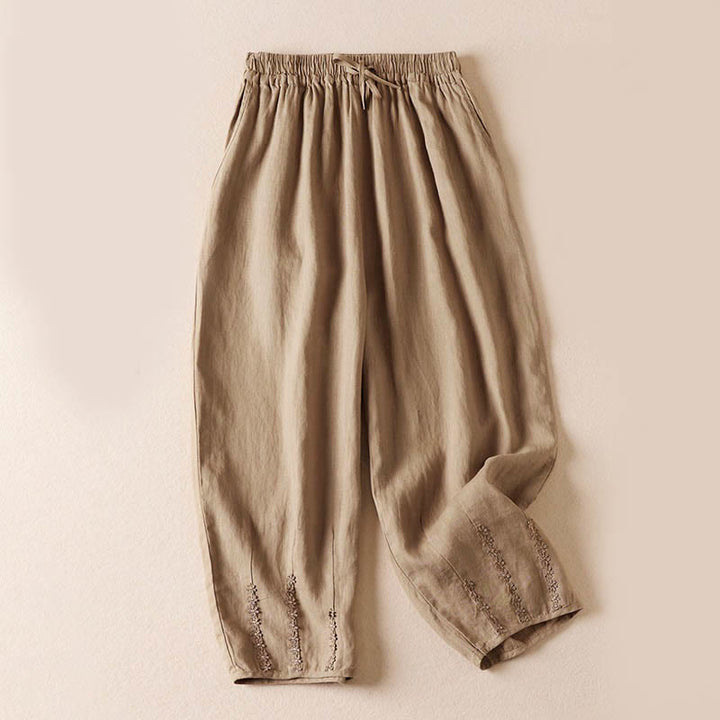 Pantalon harem d'été à petites fleurs brodées de Buddha Stones avec poches - Blé - US8-10，UK/AU12-14，EU40-42 (2XL) - image 0