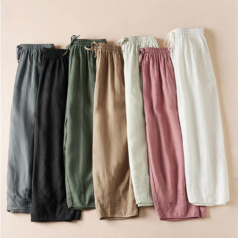 Pantalon sarouel d'été brodé de petites fleurs avec poches et Buddha Stones - image 1