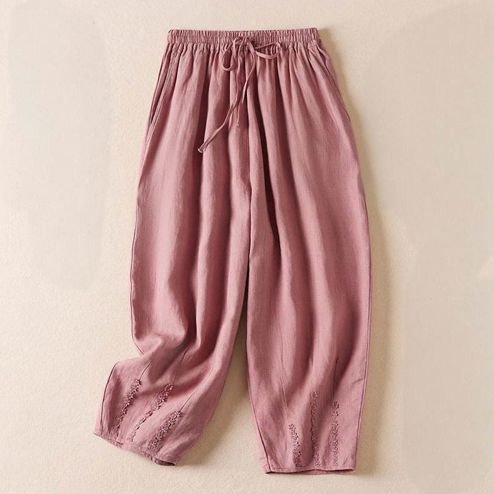 Pantalon sarouel d'été brodé de petites fleurs avec poches et Buddha Stones - Rose clair - US8-10，UK/AU12-14，EU40-42 (2XL) - image 10