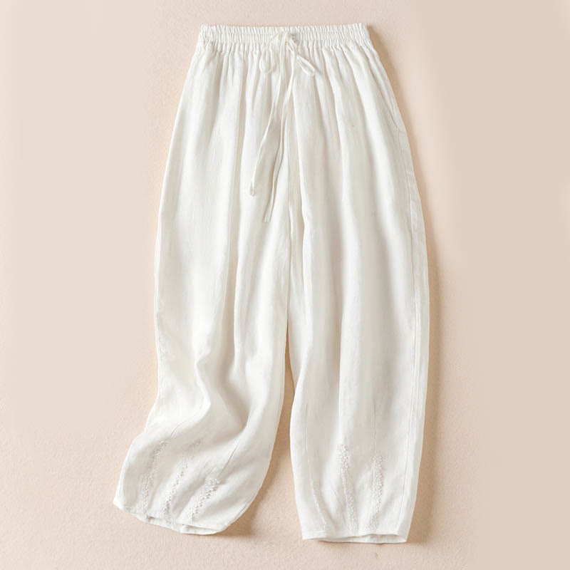 Pantalon harem d'été à petites fleurs brodées de Buddha Stones avec poches - Blanc - US8-10，UK/AU12-14，EU40-42 (2XL) - image 17