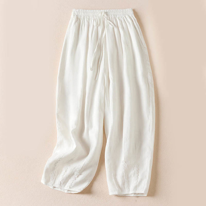 Pantalon harem d'été à petites fleurs brodées de Buddha Stones avec poches - Blanc - US8-10，UK/AU12-14，EU40-42 (2XL) - image 17