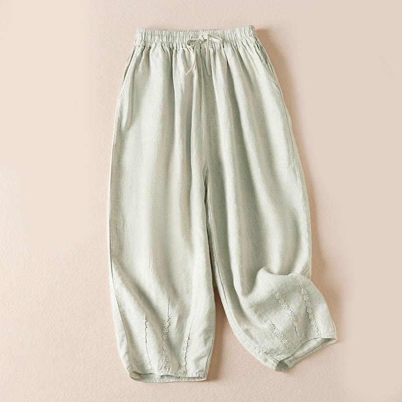 Pantalon sarouel d'été brodé de petites fleurs avec poches et Buddha Stones - Lin - US8-10，UK/AU12-14，EU40-42 (2XL) - image 23