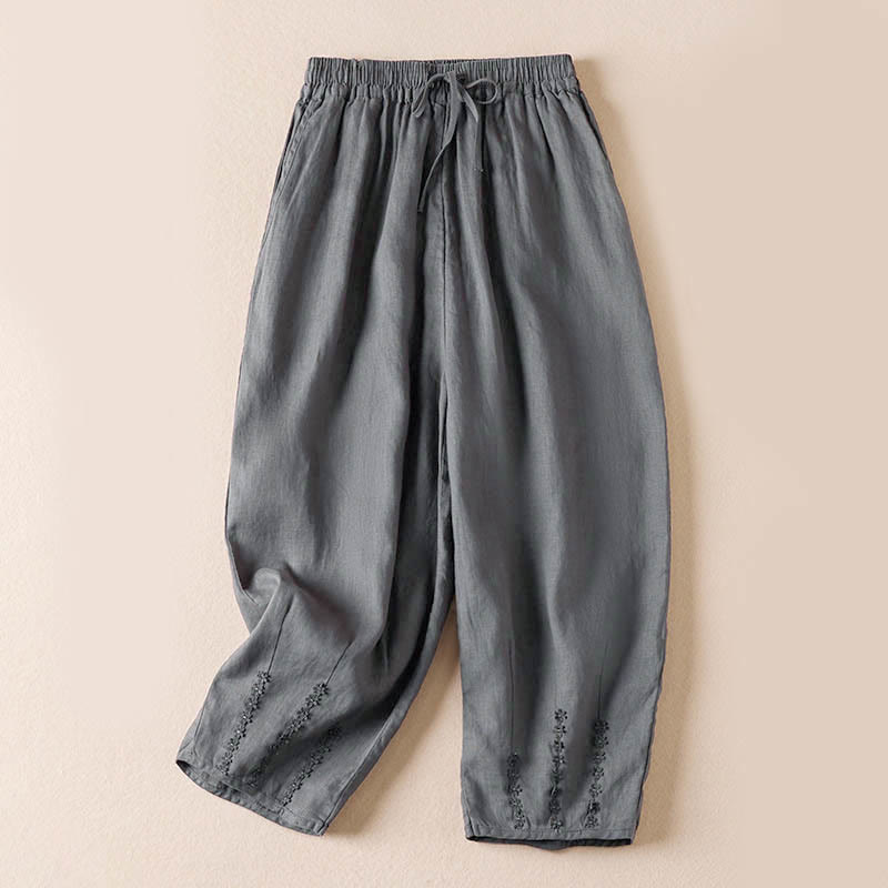 Pantalon harem d'été à petites fleurs brodées de Buddha Stones avec poches - Gris foncé - US8-10，UK/AU12-14，EU40-42 (2XL) - image 34