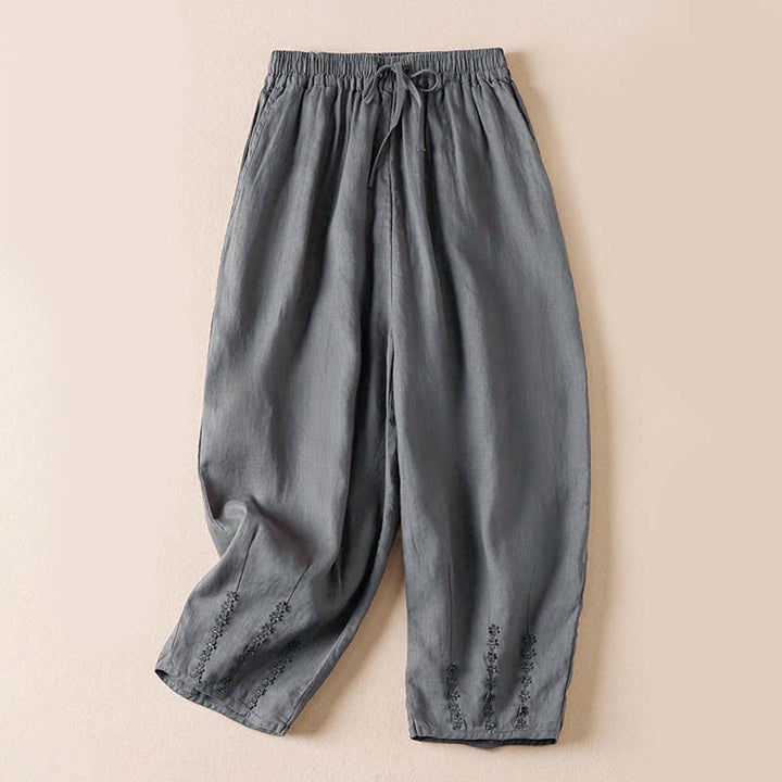 Pantalon harem d'été à petites fleurs brodées de Buddha Stones avec poches - Gris foncé - US8-10，UK/AU12-14，EU40-42 (2XL) - image 34