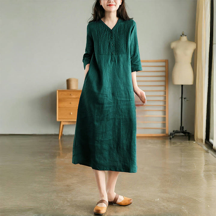 Robe midi Buddha Stones à plis accordéon, col en V, manches mi-longues et poches - Sarcelle - US12，UK/AU16，EU44 (3XL) - image 0