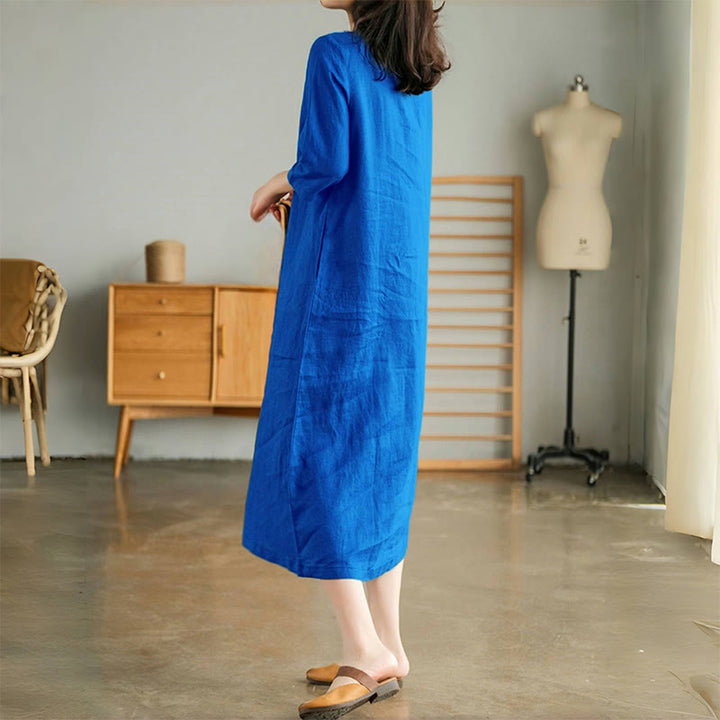 Robe midi Buddha Stones à plis accordéon, col en V, manches mi-longues et poches - image 5