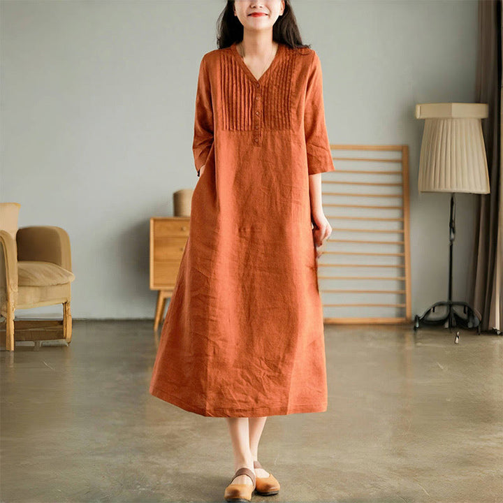 Robe midi Buddha Stones à plis accordéon, col en V, manches mi-longues et poches - Corail - US12，UK/AU16，EU44 (3XL) - image 6