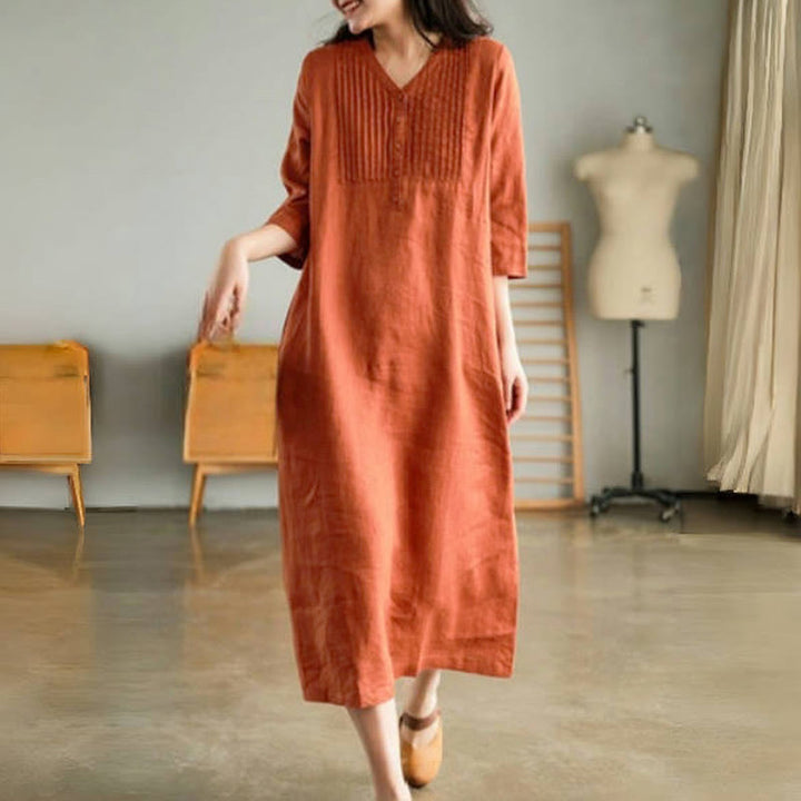 Robe midi Buddha Stones à plis accordéon, col en V, manches mi-longues et poches - image 8