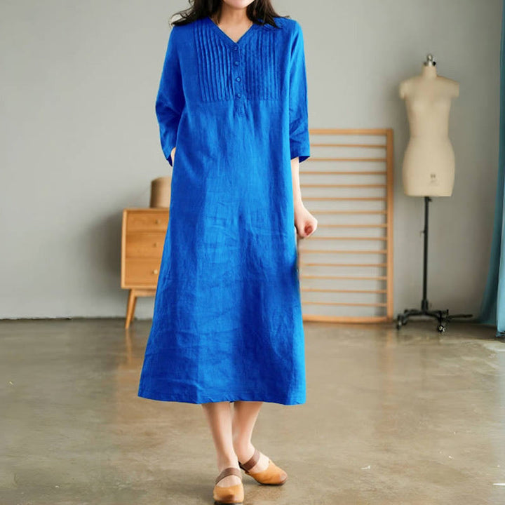 Robe midi Buddha Stones à plis accordéon, col en V, manches mi-longues et poches - DodgerBlue - US12，UK/AU16，EU44 (3XL) - image 4