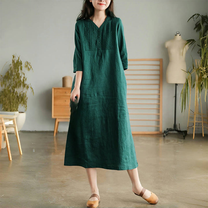 Robe midi Buddha Stones à plis accordéon, col en V, manches mi-longues et poches - image 3