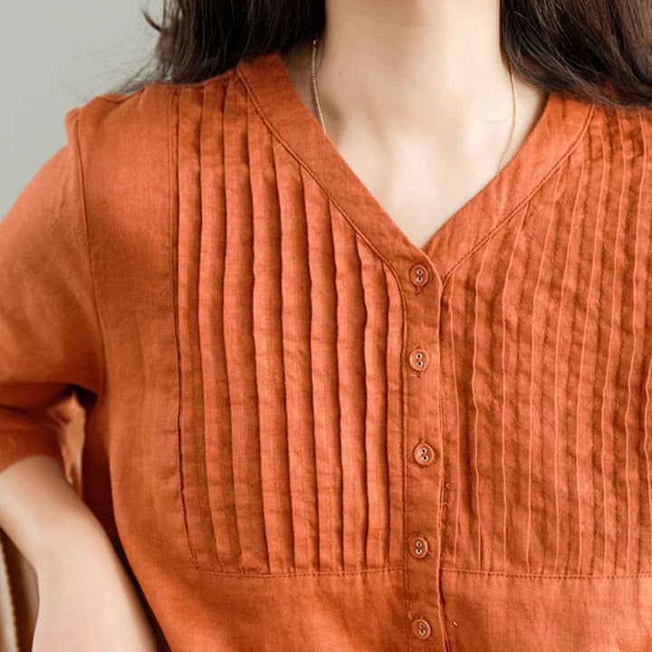 Robe midi Buddha Stones à plis accordéon, col en V, manches mi-longues et poches - image 11