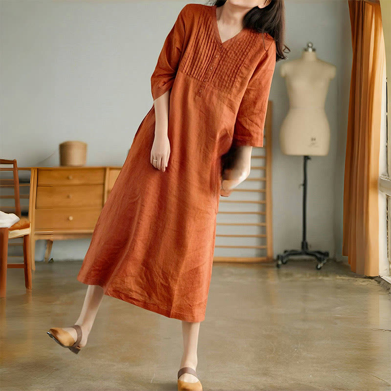 Robe midi Buddha Stones à plis accordéon, col en V, manches mi-longues et poches - image 7