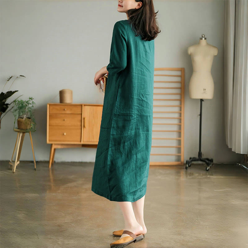 Robe midi Buddha Stones à plis accordéon, col en V, manches mi-longues et poches - image 2