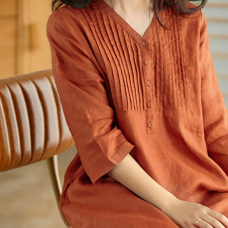 Robe midi Buddha Stones à plis accordéon, col en V, manches mi-longues et poches - image 9