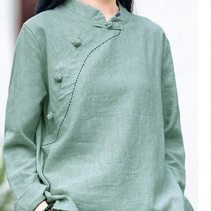 Vêtements amples en lin avec col oblique et bouton à nœud et Buddha Stones - image 2