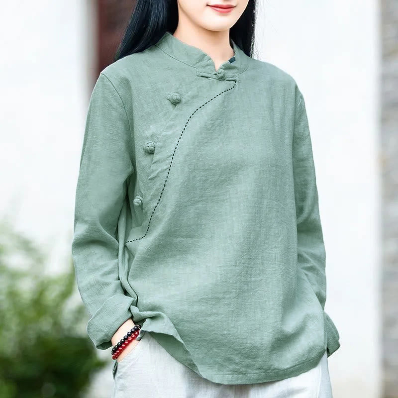 Vêtements amples en lin avec col oblique et bouton à nœud et Buddha Stones - Turquoise pâle - US12, UK/AU16, EU44 (4XL) - image 0