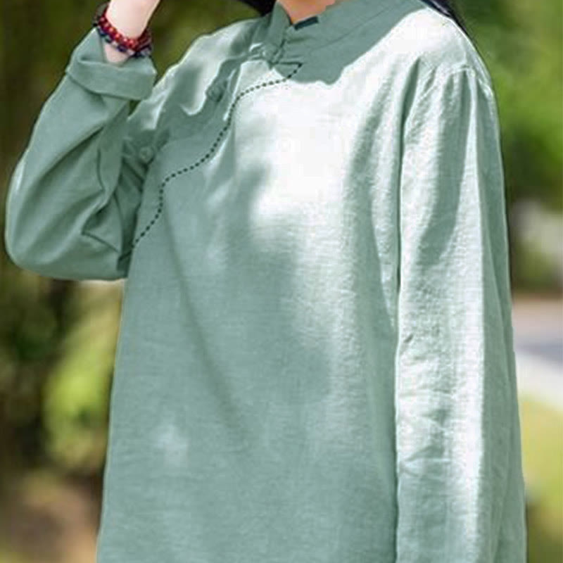 Vêtements amples en lin avec col oblique et bouton à nœud et Buddha Stones - image 1