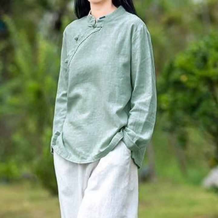 Vêtements amples en lin avec col oblique et bouton à nœud et Buddha Stones - image 3