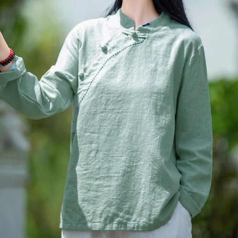 Vêtements amples en lin avec col oblique et bouton à nœud et Buddha Stones - image 4