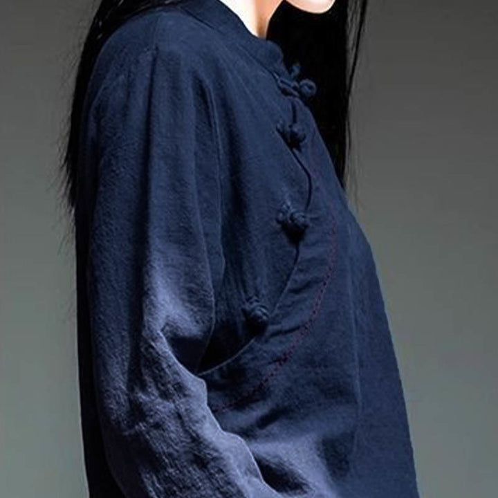 Vêtements amples en lin avec col oblique et bouton à nœud et Buddha Stones - image 15