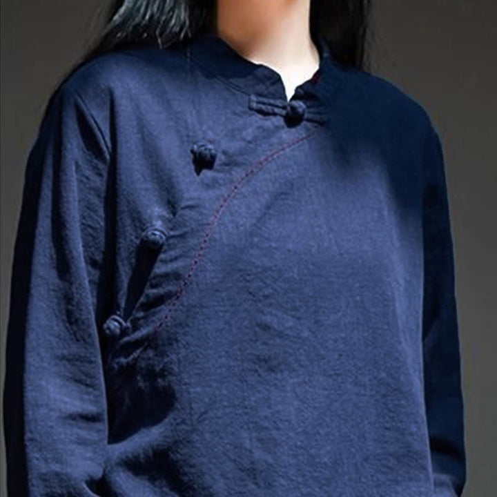 Vêtements amples en lin avec col oblique et bouton à nœud et Buddha Stones - image 19