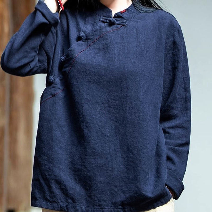 Vêtements amples en lin avec col oblique et bouton à nœud et Buddha Stones - image 20