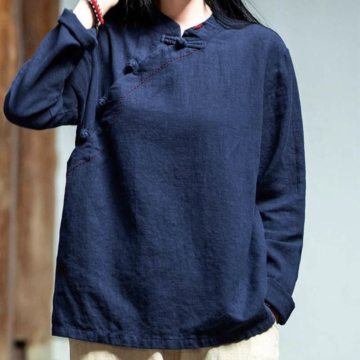 Vêtements amples en lin avec col oblique et bouton à nœud et Buddha Stones - image 17