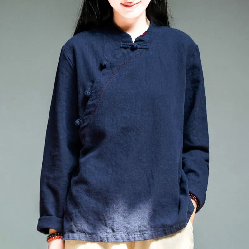 Vêtements amples en lin avec col oblique et bouton à nœud et Buddha Stones - Bleu nuit - US12, UK/AU16, EU44 (4XL) - image 12