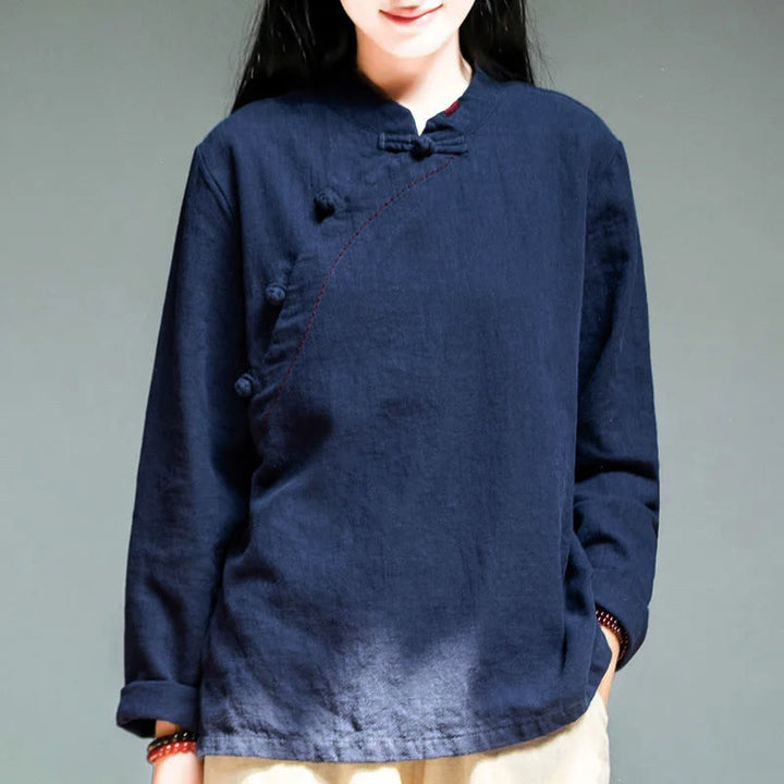 Vêtements amples en lin avec col oblique et bouton à nœud et Buddha Stones - Bleu nuit - US12, UK/AU16, EU44 (4XL) - image 12