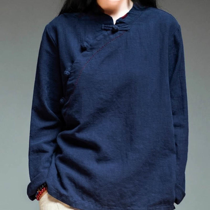 Vêtements amples en lin avec col oblique et bouton à nœud et Buddha Stones - image 13