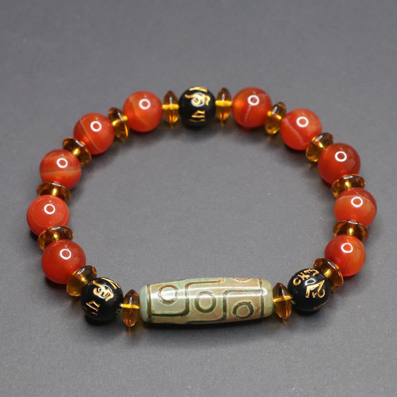 Bracelet Buddha Stones Agate Rouge Perle Dzi à Neuf Yeux Six Vrais Mots Calme - Perle Dzi à neuf yeux en agate rouge (tour de poignet 16-17 cm) - image 0