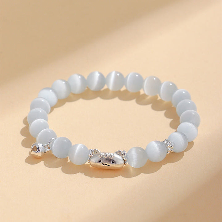 Bracelet positif en argent Buddha Stones 999 avec tête de chat naturelle et œil de chat blanc en agate blanche - Œil de chat blanc (tour de poignet : 13-15 cm) - image 0