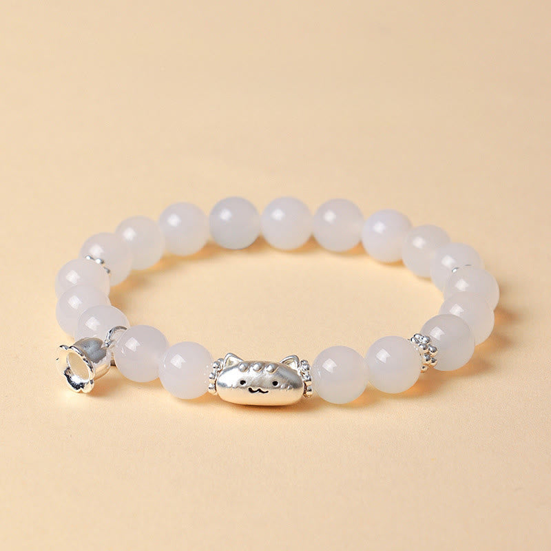 Bracelet positif en argent Buddha Stones 999 avec tête de chat naturelle et œil de chat blanc en agate blanche - image 10