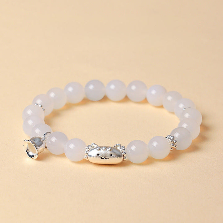 Bracelet positif en argent Buddha Stones 999 avec tête de chat naturelle et œil de chat blanc en agate blanche - image 10