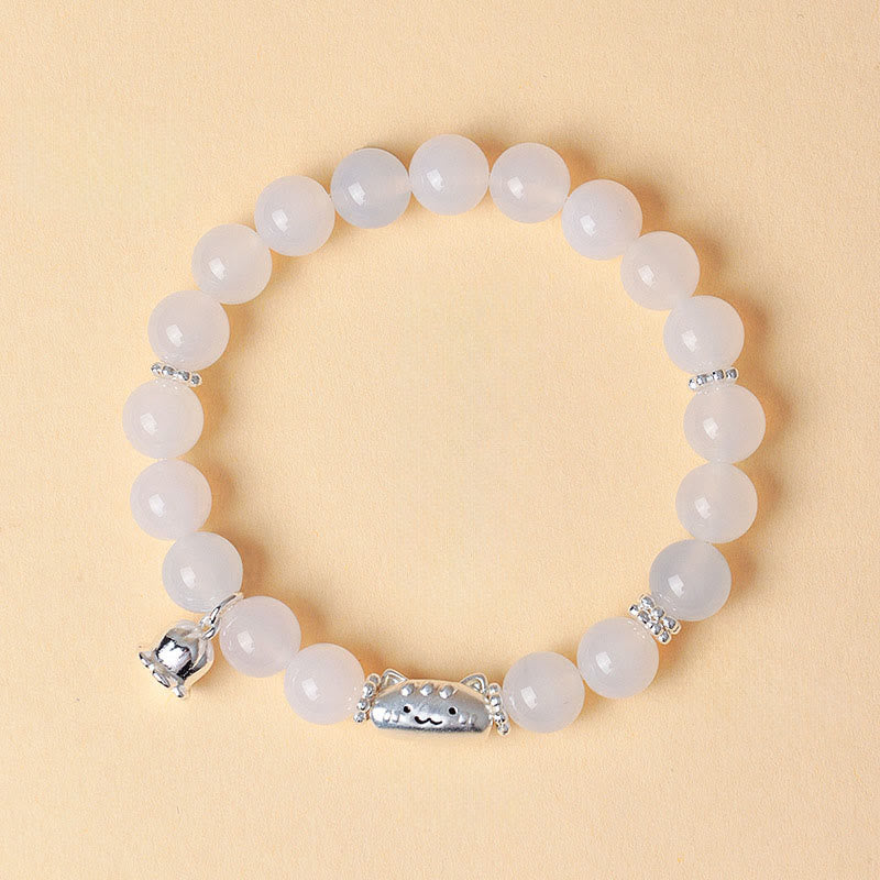 Bracelet positif en argent Buddha Stones 999 avec tête de chat naturelle et œil de chat blanc en agate blanche - Agate blanche (tour de poignet : 13-15 cm) - image 9