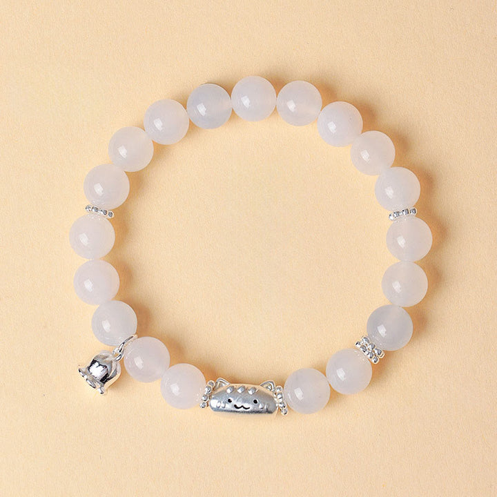 Bracelet positif en argent Buddha Stones 999 avec tête de chat naturelle et œil de chat blanc en agate blanche - Agate blanche (tour de poignet : 13-15 cm) - image 9