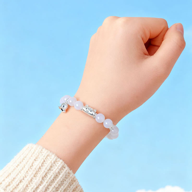 Bracelet positif en argent Buddha Stones 999 avec tête de chat naturelle et œil de chat blanc en agate blanche - image 14