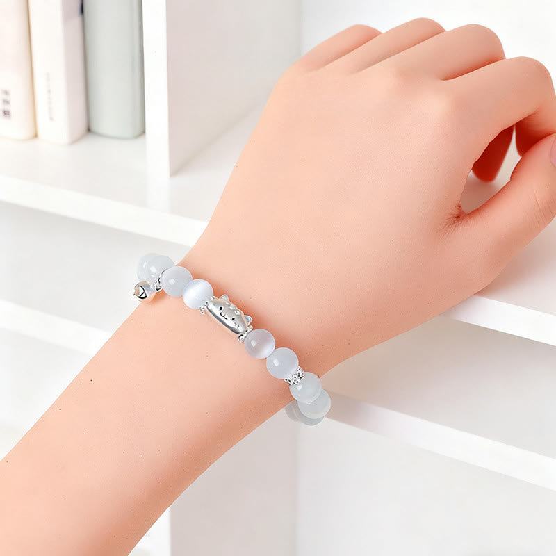 Bracelet positif en argent Buddha Stones 999 avec tête de chat naturelle et œil de chat blanc en agate blanche - image 5